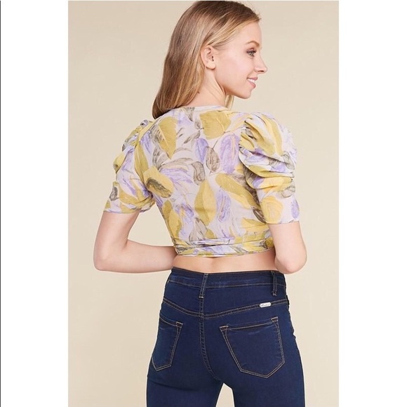 Yellow Floral Print Surplice Crop Top - Picture 5 of 7
